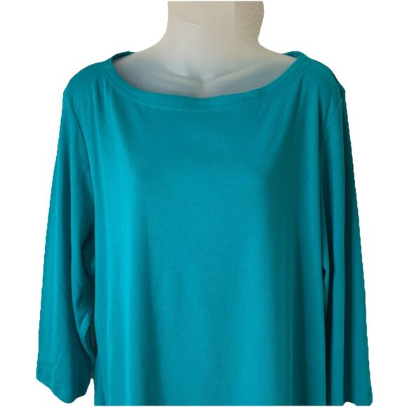 Karen Scott Tunic Top Plus Size 2X Teal Blue Boat Neck 100% Cotton 3/4 Sleeves - Picture 2 of 6